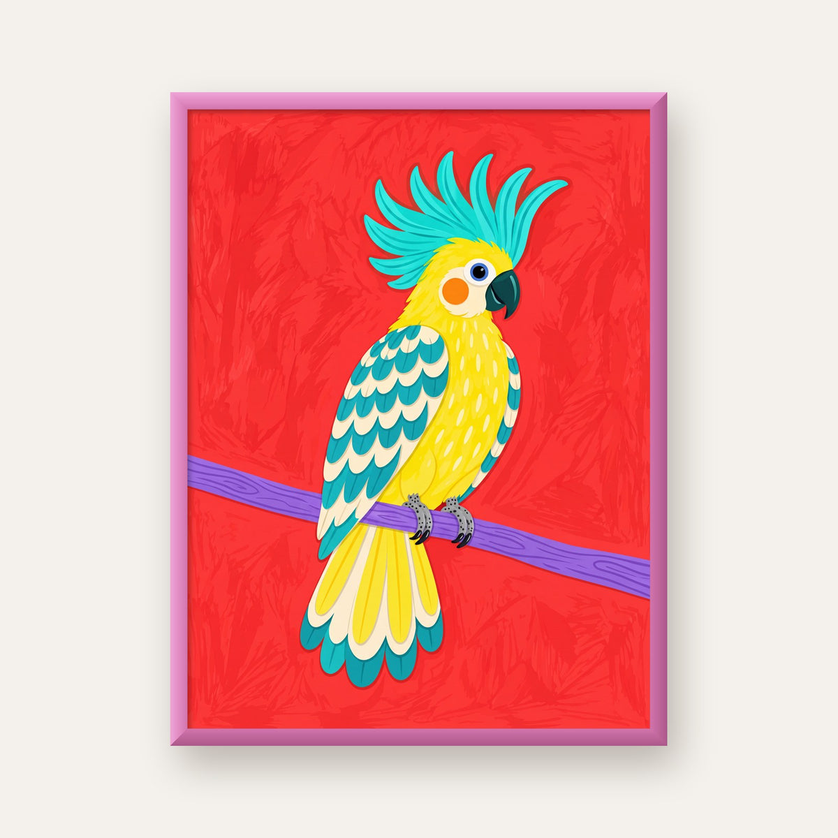 Renkli Papağan Dijital Poster – Modern Dekor, Büyük Gözlü — pembe çerçeveli