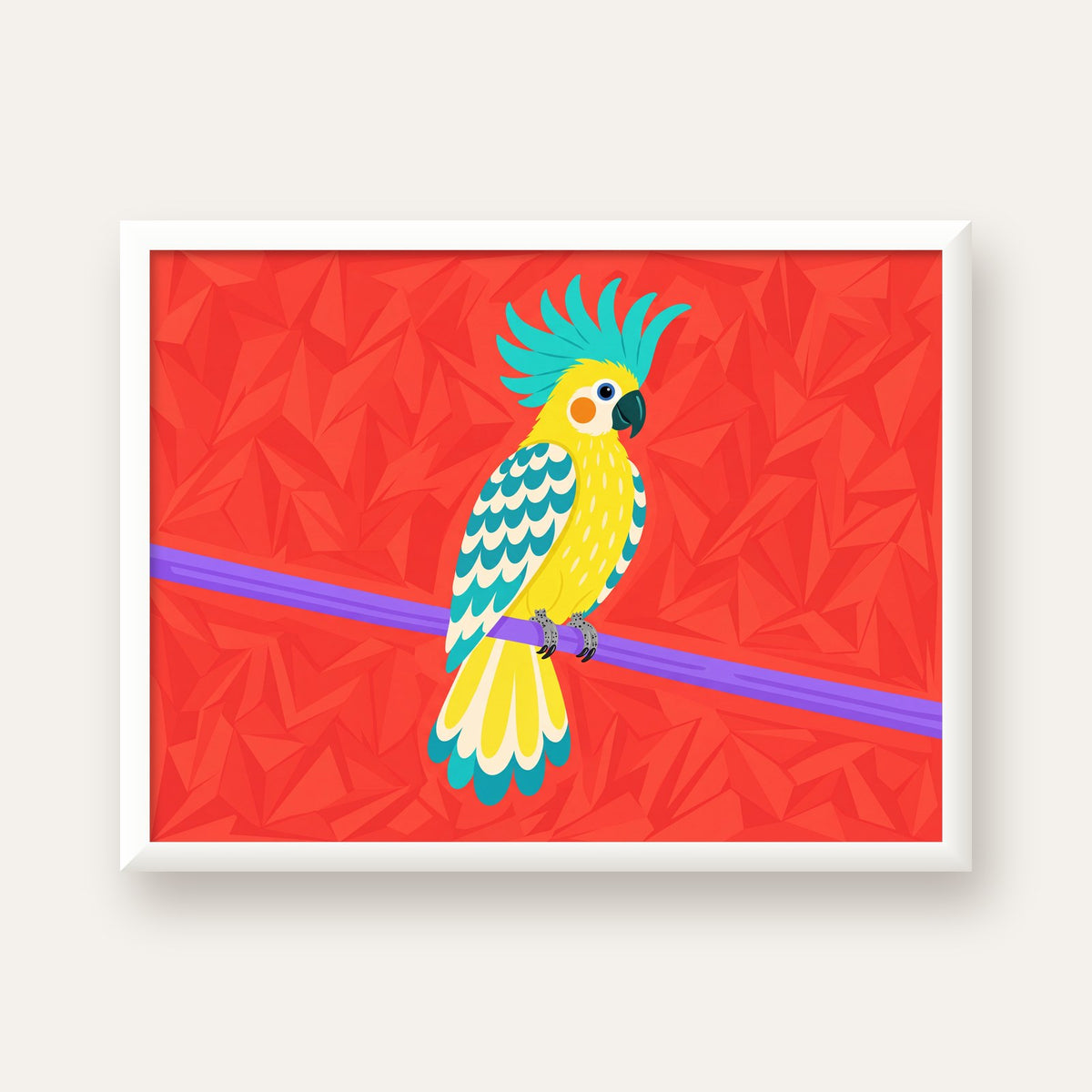 Renkli Papağan Dijital Poster – Modern Dekor, Büyük Gözlü — beyaz çerçeveli yatay poster