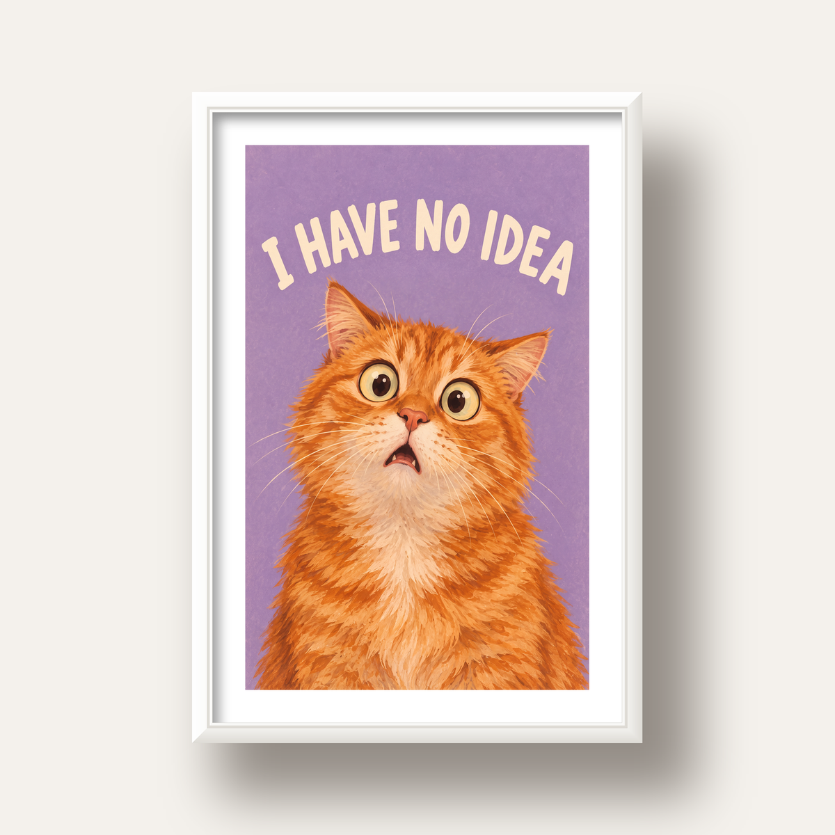 Şaşkın Sarman Kedi Poster – Komik Dijital İllüstrasyon — beyaz derin çerçeveli paspartulu