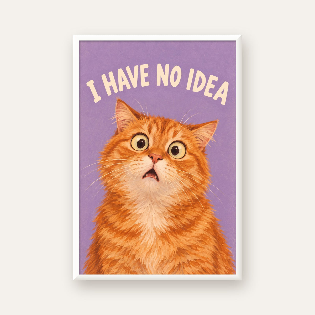 Şaşkın Sarman Kedi Poster – Komik Dijital İllüstrasyon — beyaz çerçeveli dikey poster
