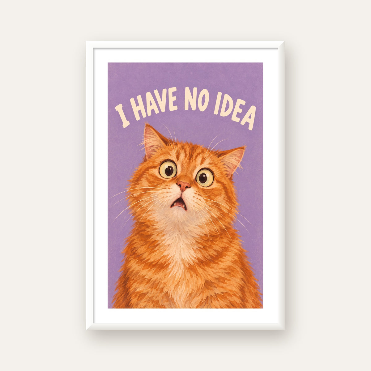 Şaşkın Sarman Kedi Poster – Komik Dijital İllüstrasyon — beyaz çerçeveli dikey poster