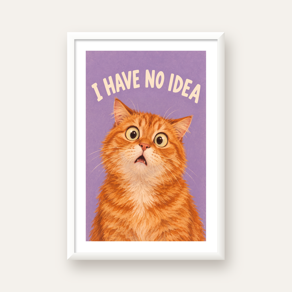 Şaşkın Sarman Kedi Poster – Komik Dijital İllüstrasyon — beyaz çerçeveli dikey poster