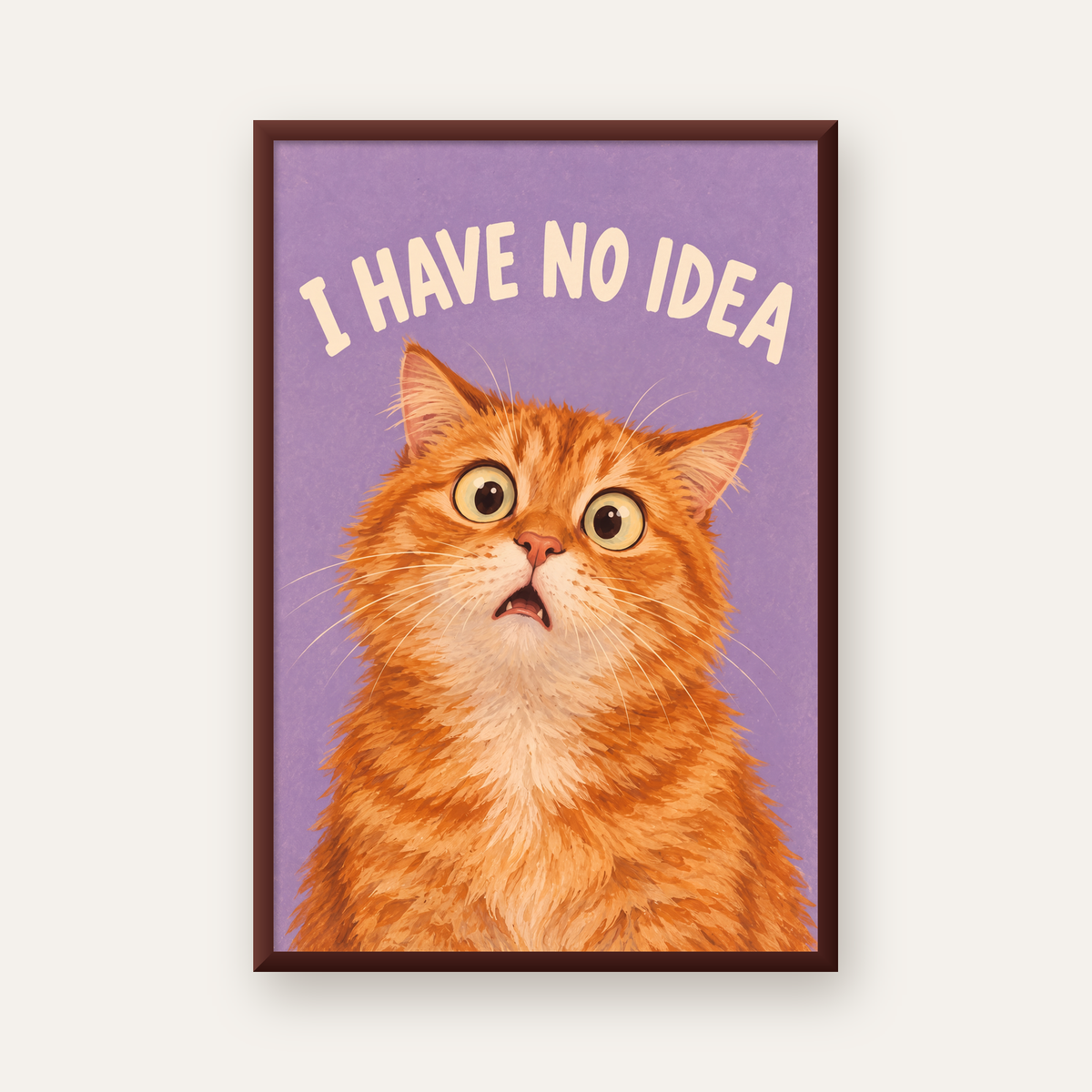 Şaşkın Sarman Kedi Poster – Komik Dijital İllüstrasyon — ceviz çerçeveli