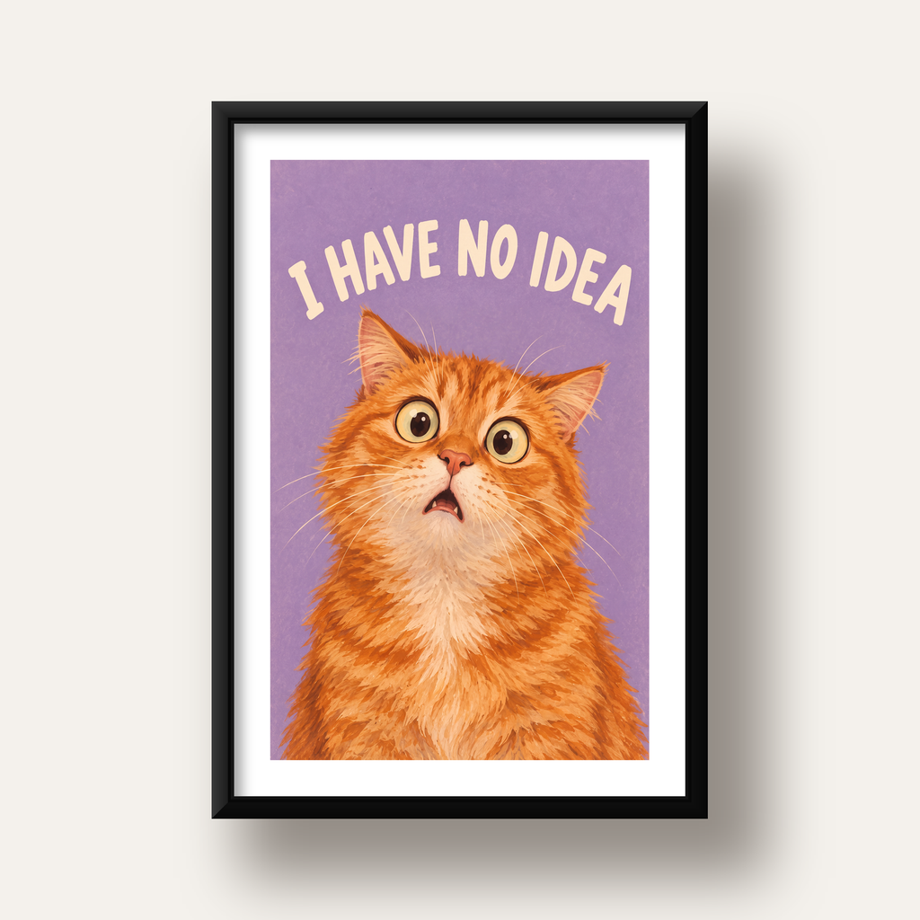 Şaşkın Sarman Kedi Poster – Komik Dijital İllüstrasyon — siyah derin çerçeveli paspartulu
