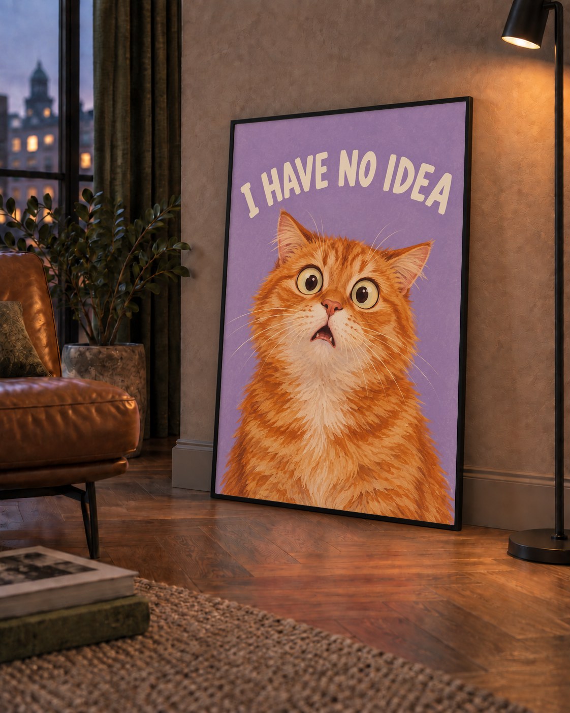 Şaşkın Sarman Kedi Poster – Komik Dijital İllüstrasyon — çerçeveli hâliyle bir ev duvarında