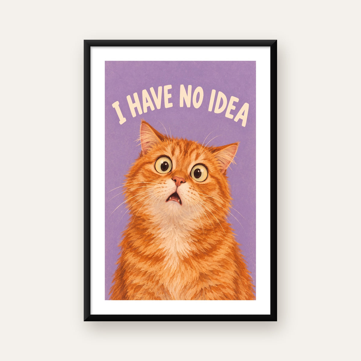 Şaşkın Sarman Kedi Poster – Komik Dijital İllüstrasyon — Dikey baskı, beyaz paspartulu