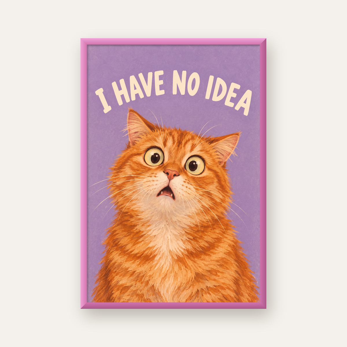 Şaşkın Sarman Kedi Poster – Komik Dijital İllüstrasyon — pembe çerçeveli