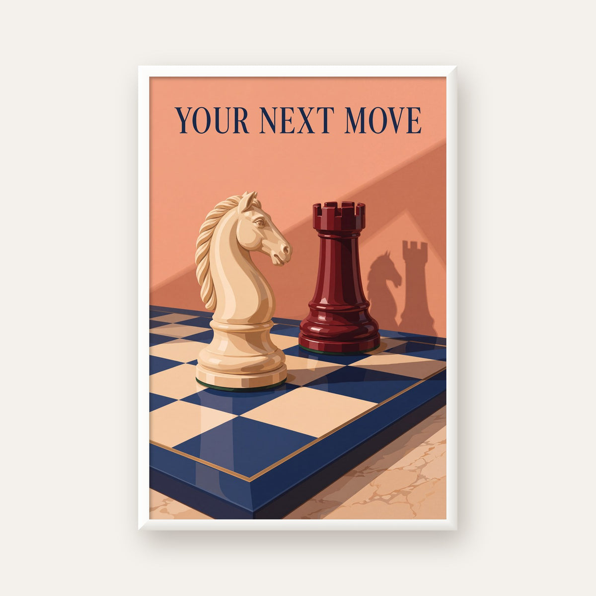 Motivasyon Temalı Satranç At ve Kale Poster – Sanatsal Baskı — beyaz çerçeveli dikey poster