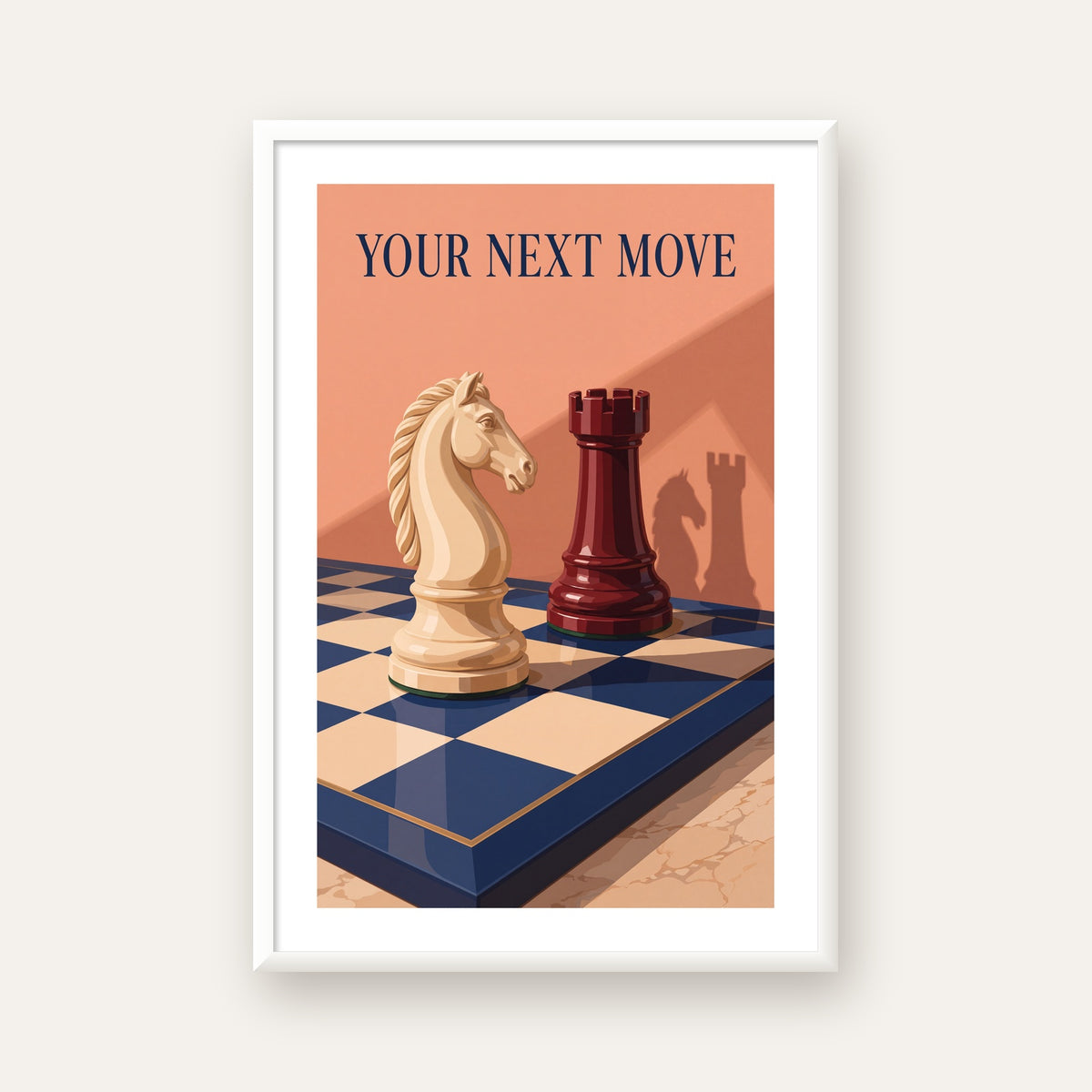 Motivasyon Temalı Satranç At ve Kale Poster – Sanatsal Baskı — beyaz çerçeveli dikey poster