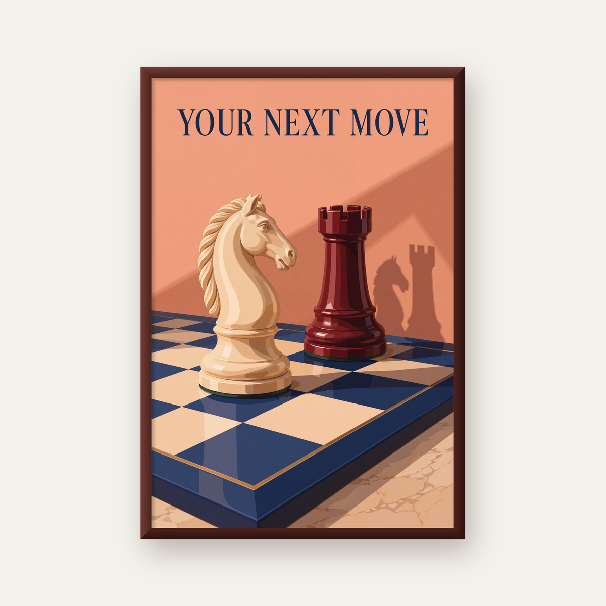 Motivasyon Temalı Satranç At ve Kale Poster – Sanatsal Baskı — ceviz çerçeveli