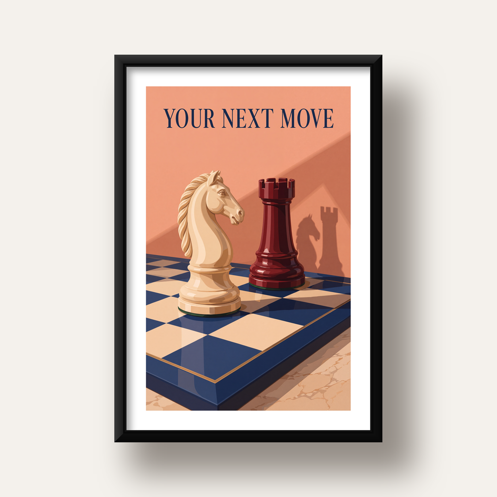 Motivasyon Temalı Satranç At ve Kale Poster – Sanatsal Baskı — siyah derin çerçeveli paspartulu