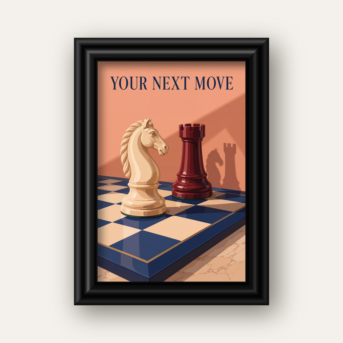 Motivasyon Temalı Satranç At ve Kale Poster – Sanatsal Baskı — siyah galeri çerçeveli