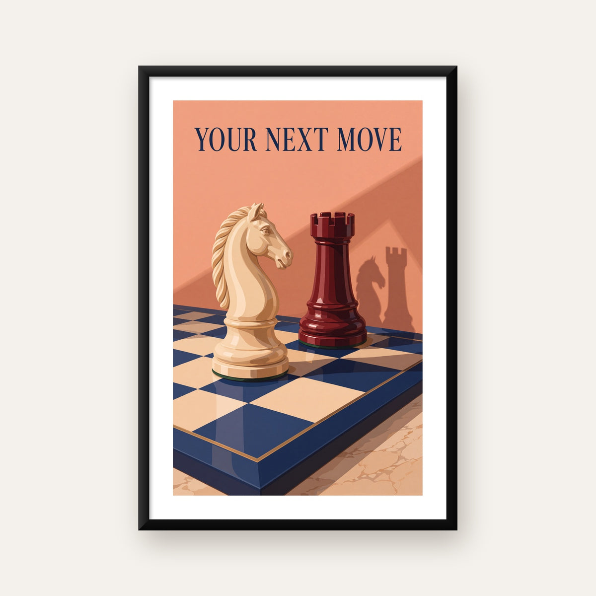 Motivasyon Temalı Satranç At ve Kale Poster – Sanatsal Baskı — beyaz paspartulu, düz siyah çerçeveli
