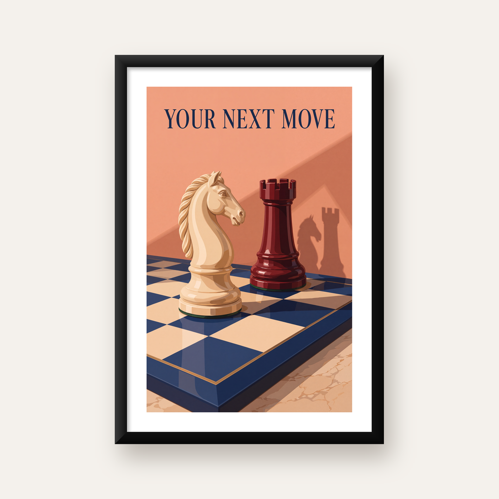 Motivasyon Temalı Satranç At ve Kale Poster – Sanatsal Baskı — beyaz paspartulu, düz siyah çerçeveli