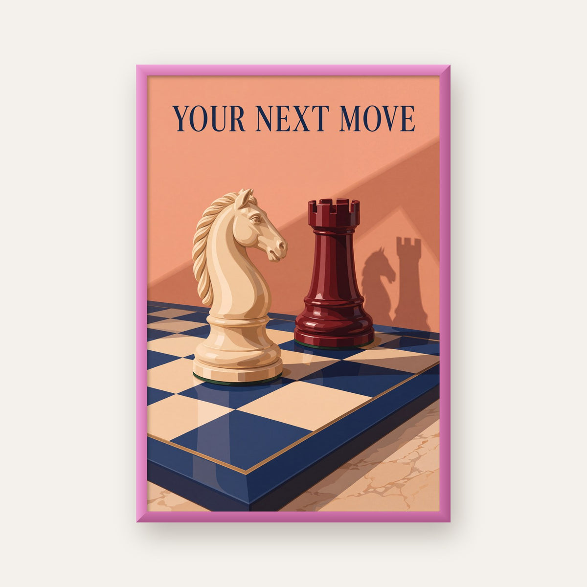 Motivasyon Temalı Satranç At ve Kale Poster – Sanatsal Baskı — pembe çerçeveli