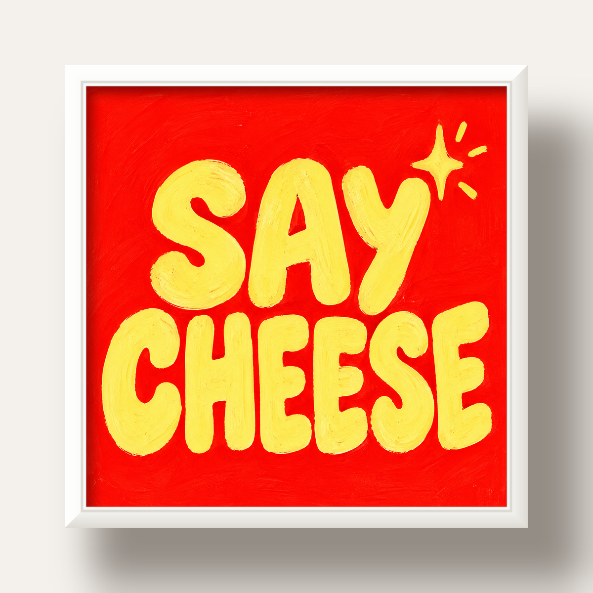 Say Cheese Neşeli Tipografi Poster – Renkli El Yazısı Dekoru — beyaz derin çerçeveli