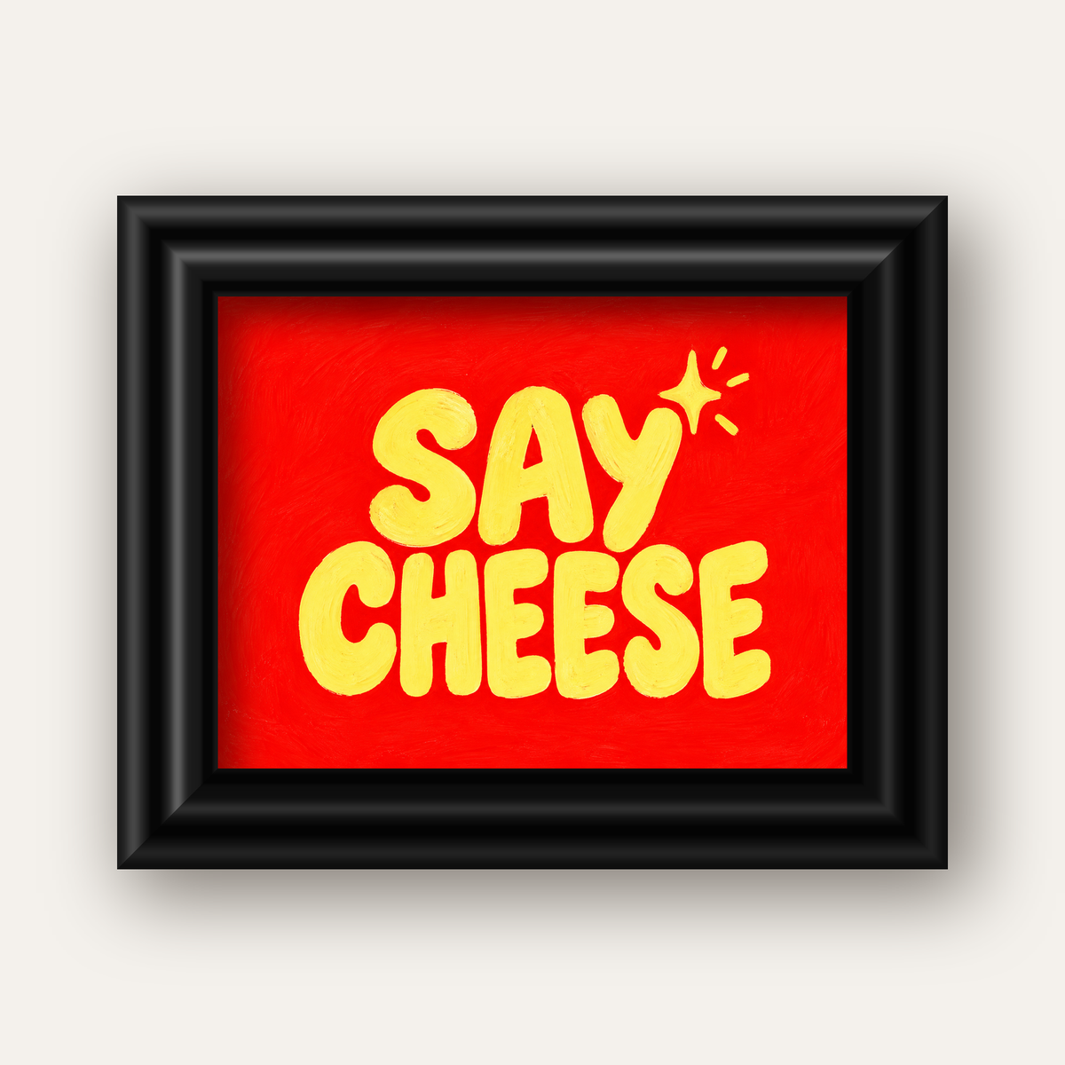 Say Cheese Neşeli Tipografi Poster – Renkli El Yazısı Dekoru — siyah galeri çerçeveli