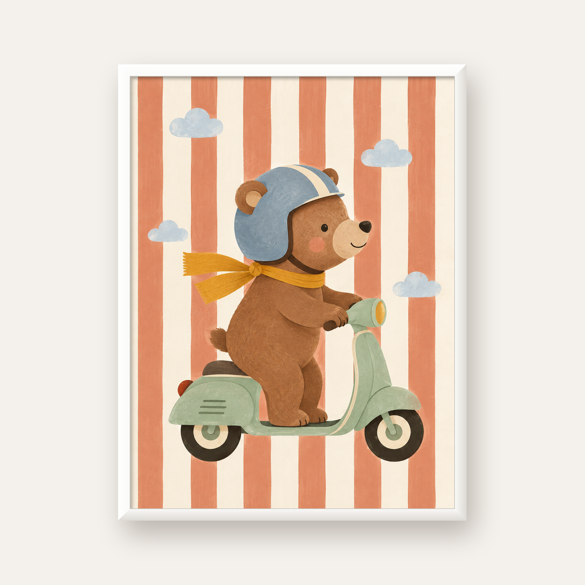 Scooterli Ayı — beyaz çerçeveli dikey poster