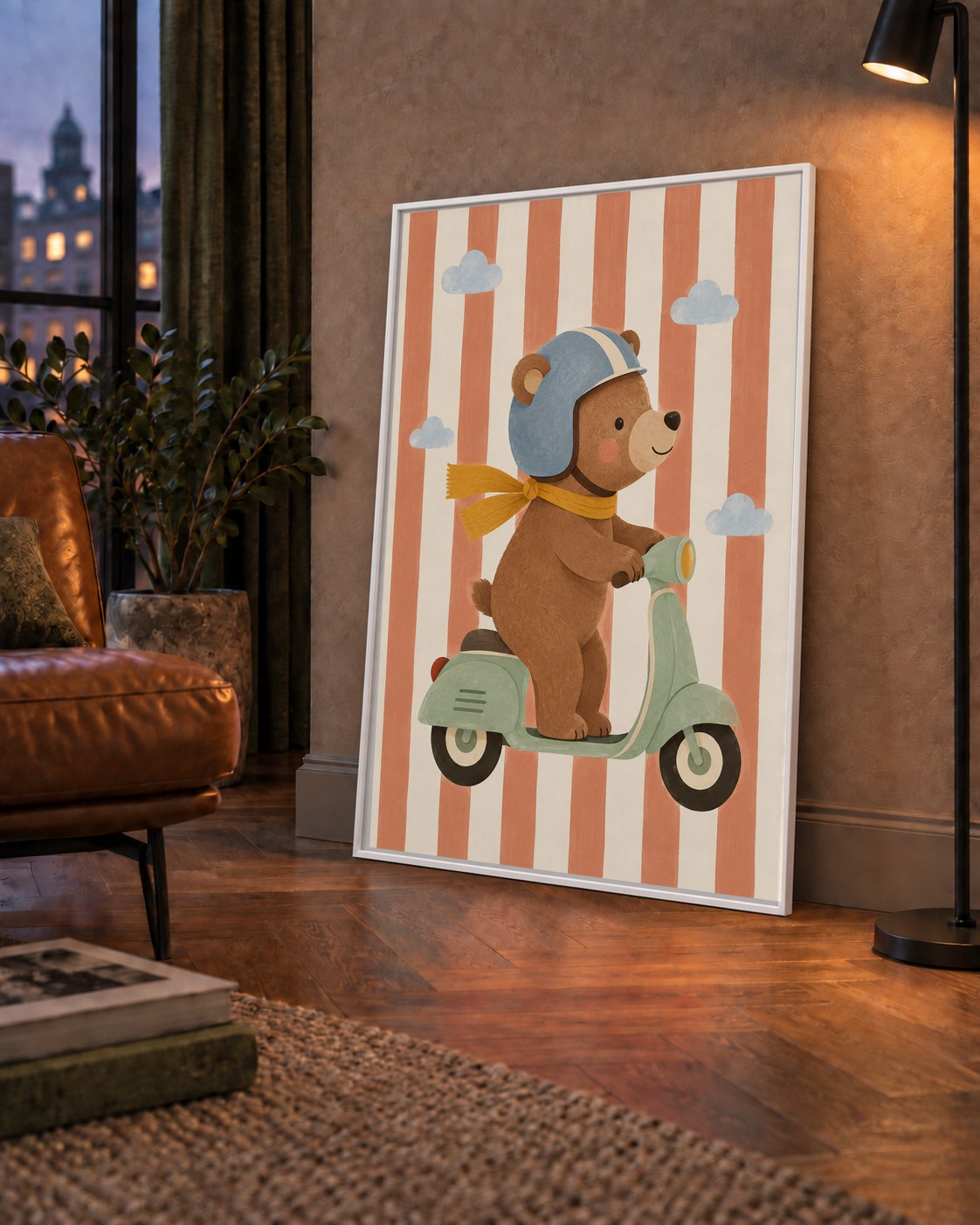 Scooterli Ayı — çerçeveli hâliyle bir ev duvarında