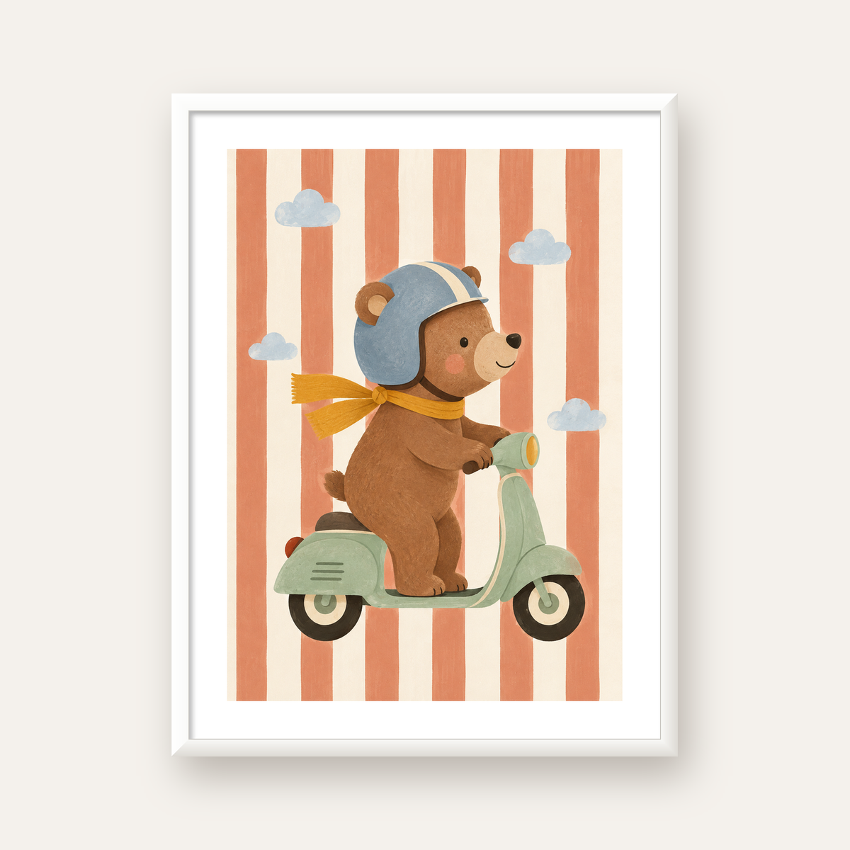 Scooterli Ayı — beyaz çerçeveli dikey poster