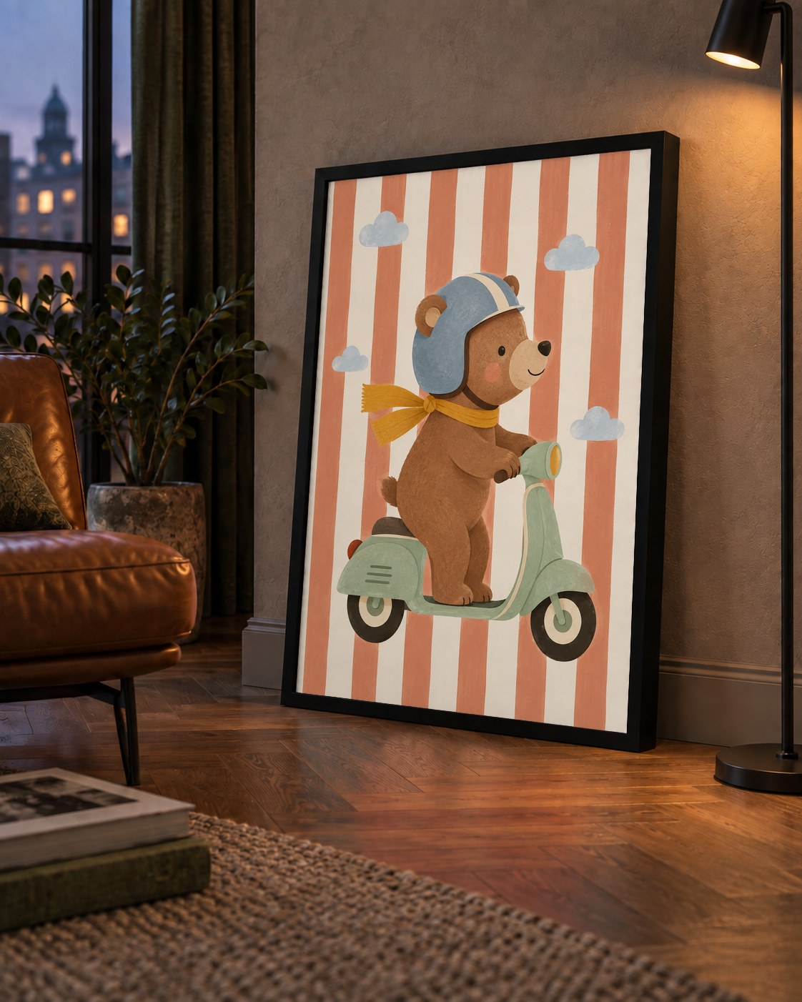 Scooterli Ayı — çerçeveli hâliyle bir ev duvarında