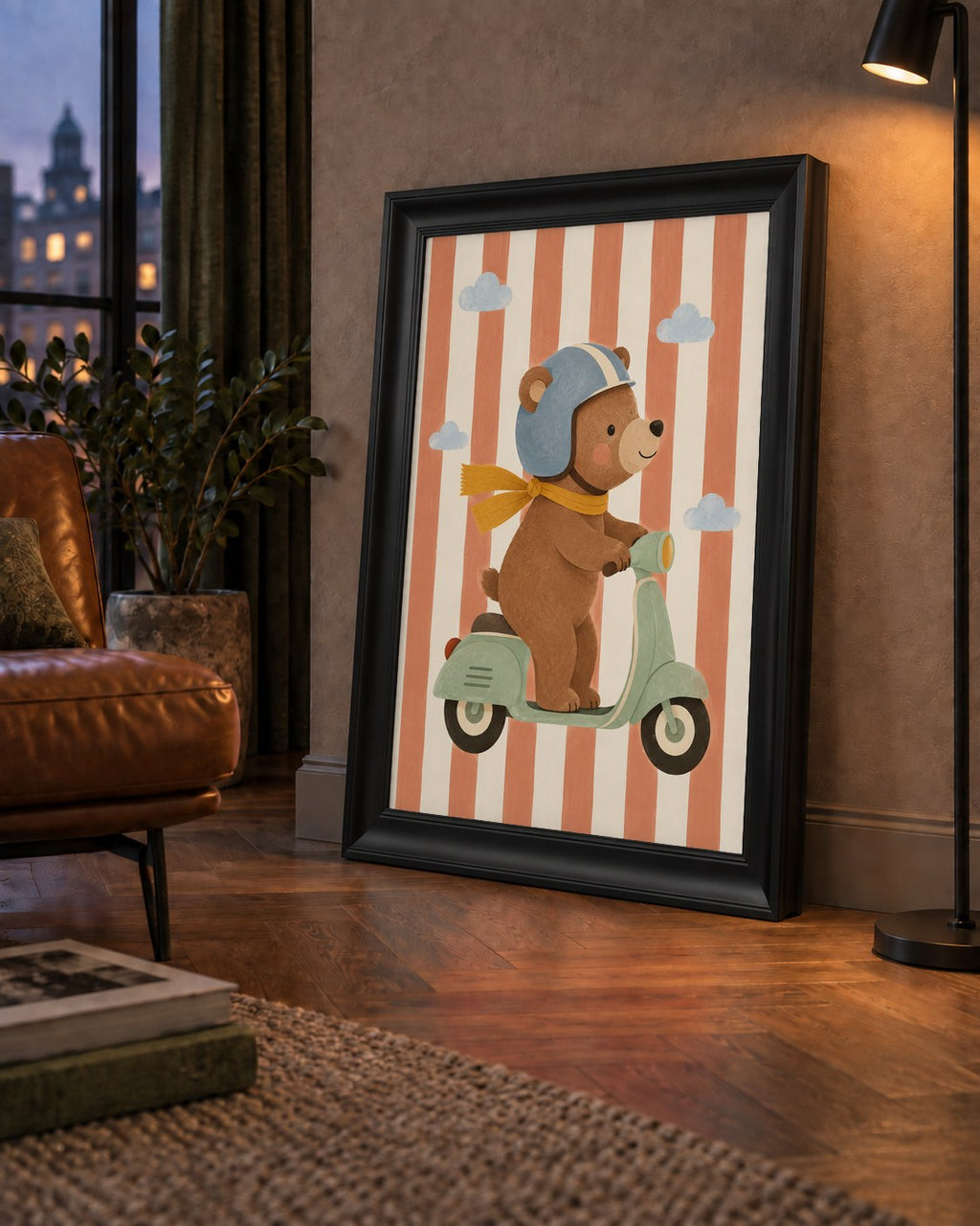 Scooterli Ayı — çerçeveli hâliyle bir ev duvarında