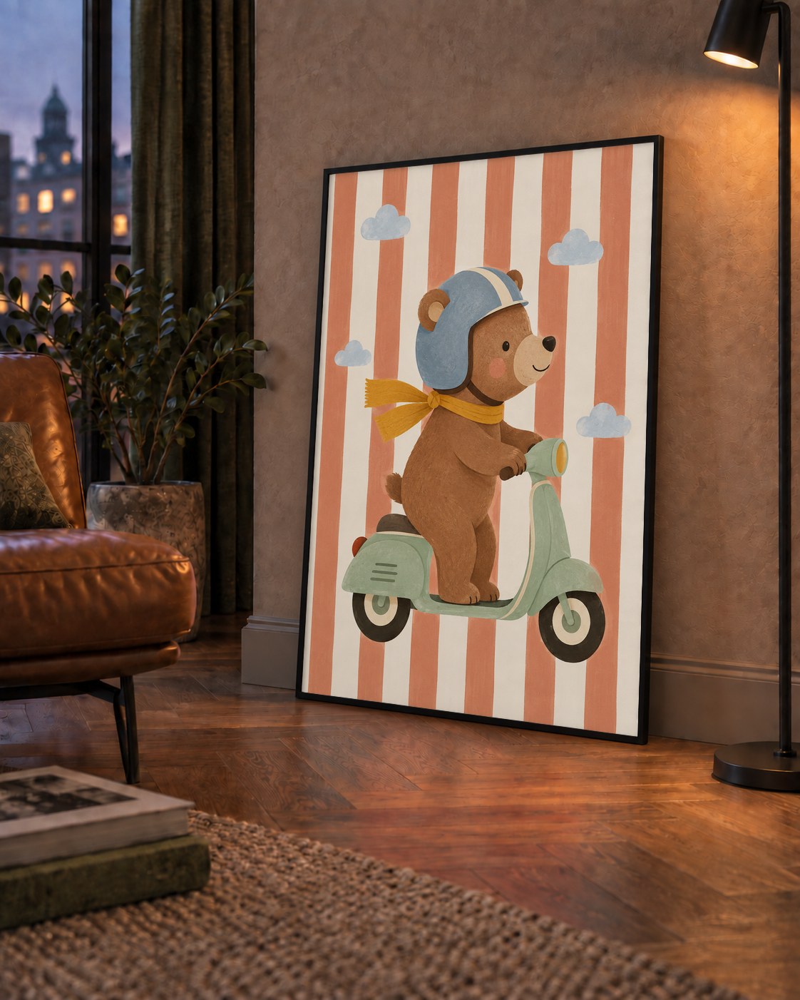 Scooterli Ayı — çerçeveli hâliyle bir ev duvarında