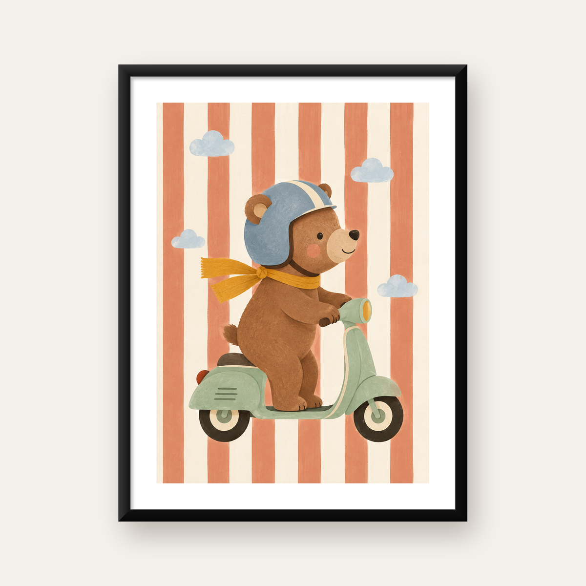 Motosikletli Sevimli Ayı İllüstrasyon Poster – Renkli Sanat Baskısı — Dikey baskı, beyaz kenar boşluklu