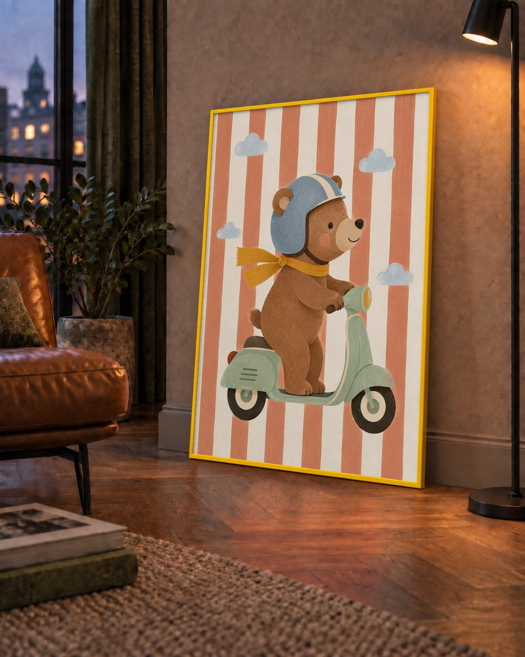 Scooterli Ayı — çerçeveli hâliyle bir ev duvarında