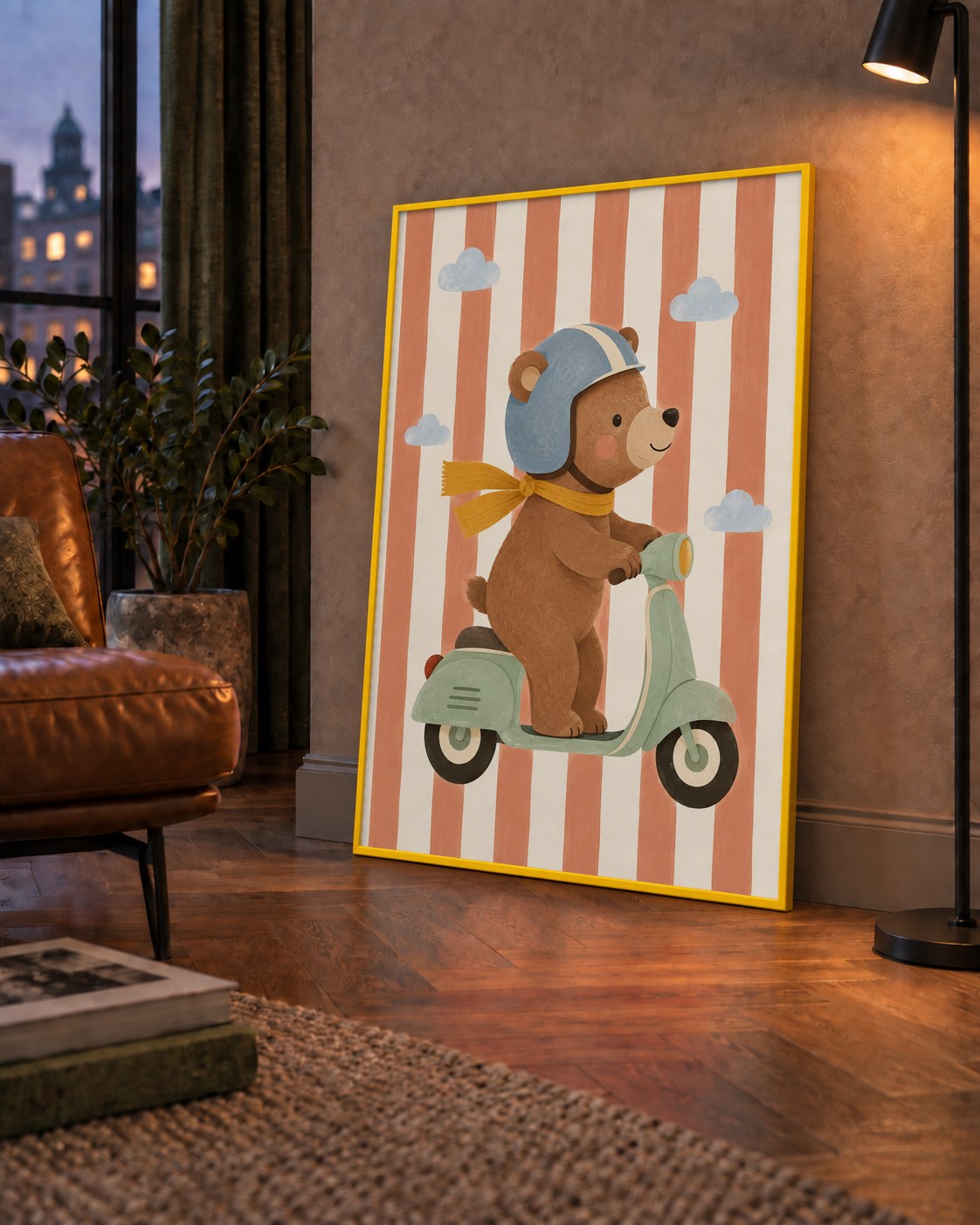 Scooterli Ayı — çerçeveli hâliyle bir ev duvarında