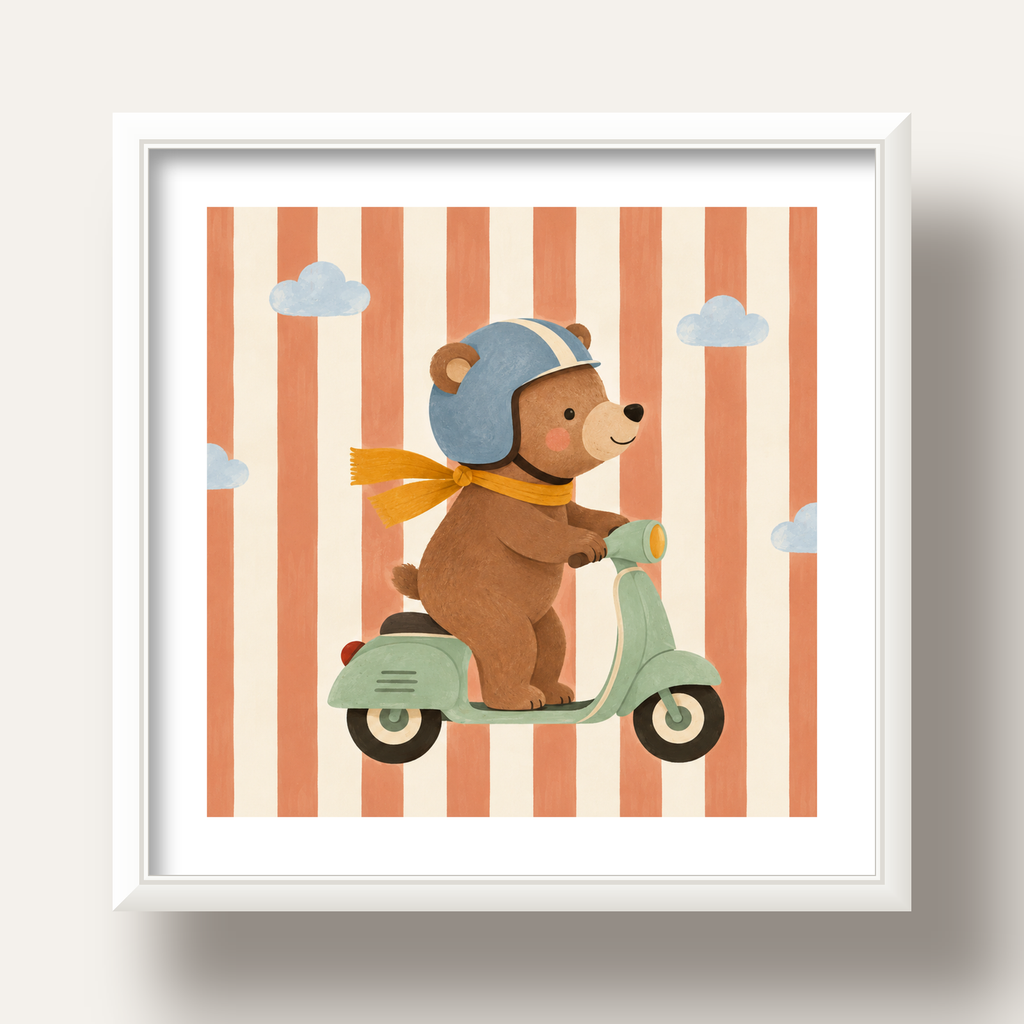 Scooterli Ayı — beyaz derin çerçeveli paspartulu