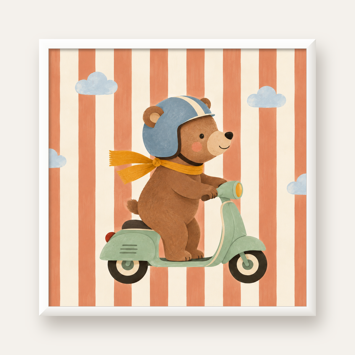 Scooterli Ayı — beyaz çerçeveli kare poster