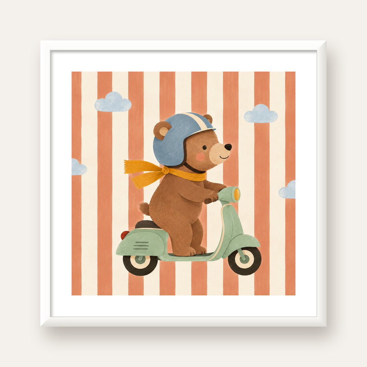 Scooterli Ayı — beyaz çerçeveli kare poster