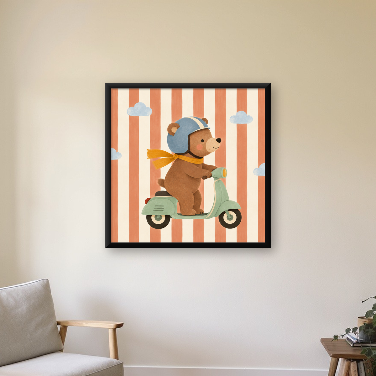 Motosikletli Sevimli Ayı İllüstrasyon Poster – Renkli Sanat Baskısı — Kare baskı, çerçeveli hâliyle bir ev duvarında