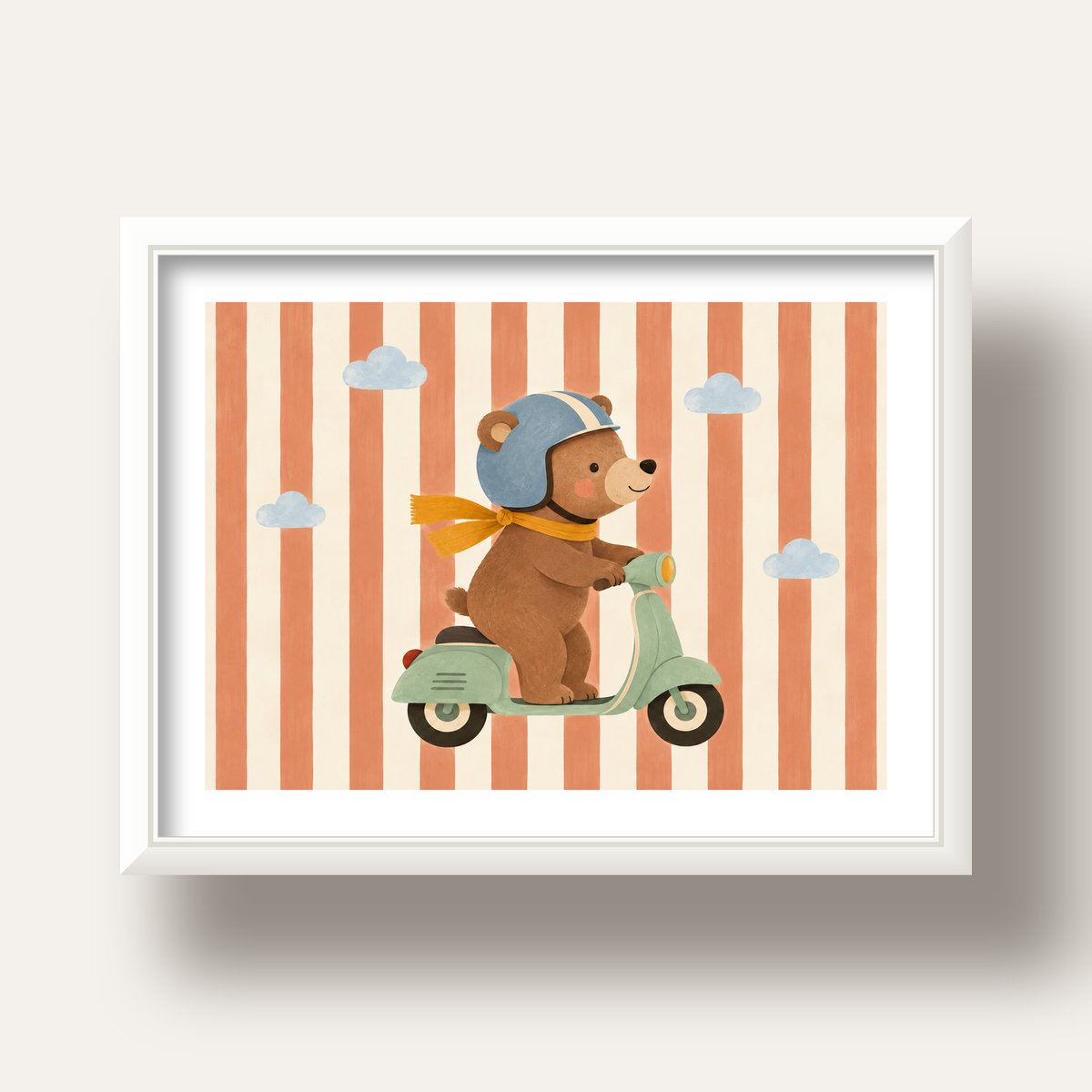 Scooterli Ayı — beyaz derin çerçeveli paspartulu