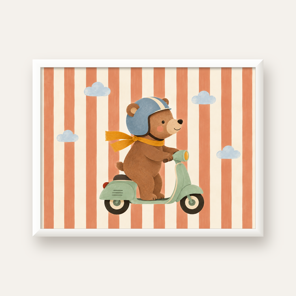 Scooterli Ayı — beyaz çerçeveli yatay poster