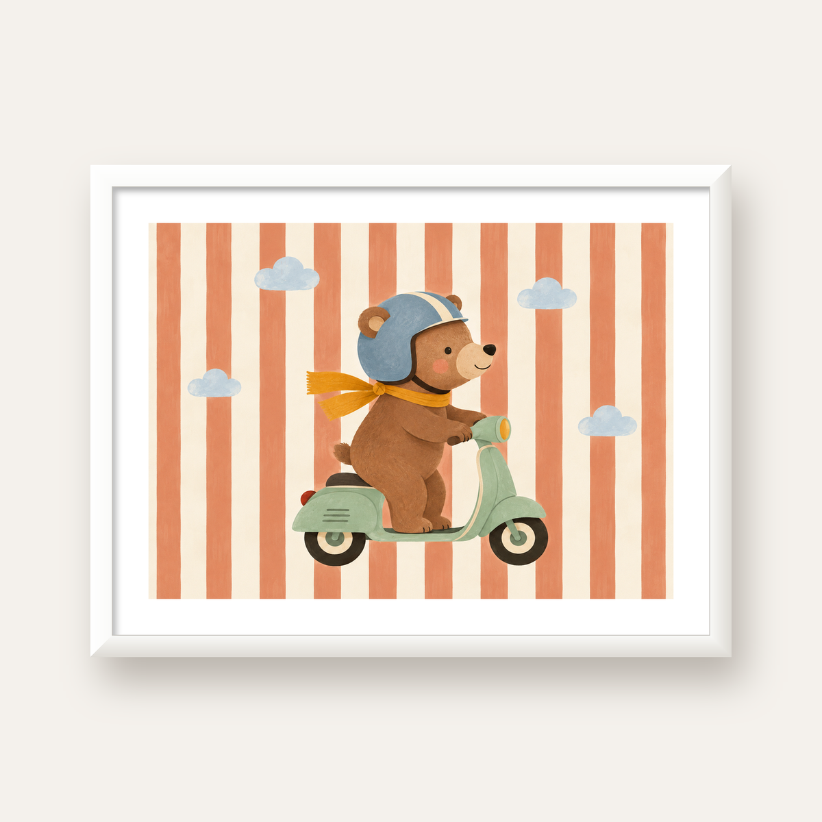 Scooterli Ayı — beyaz çerçeveli yatay poster