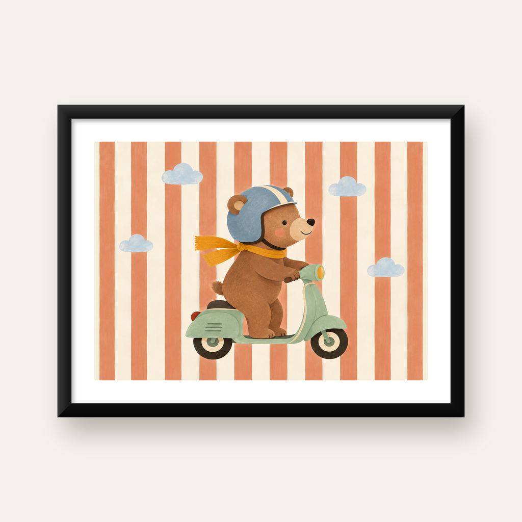 Motosikletli Sevimli Ayı İllüstrasyon Poster – Renkli Sanat Baskısı — Yatay baskı, beyaz kenar boşluklu