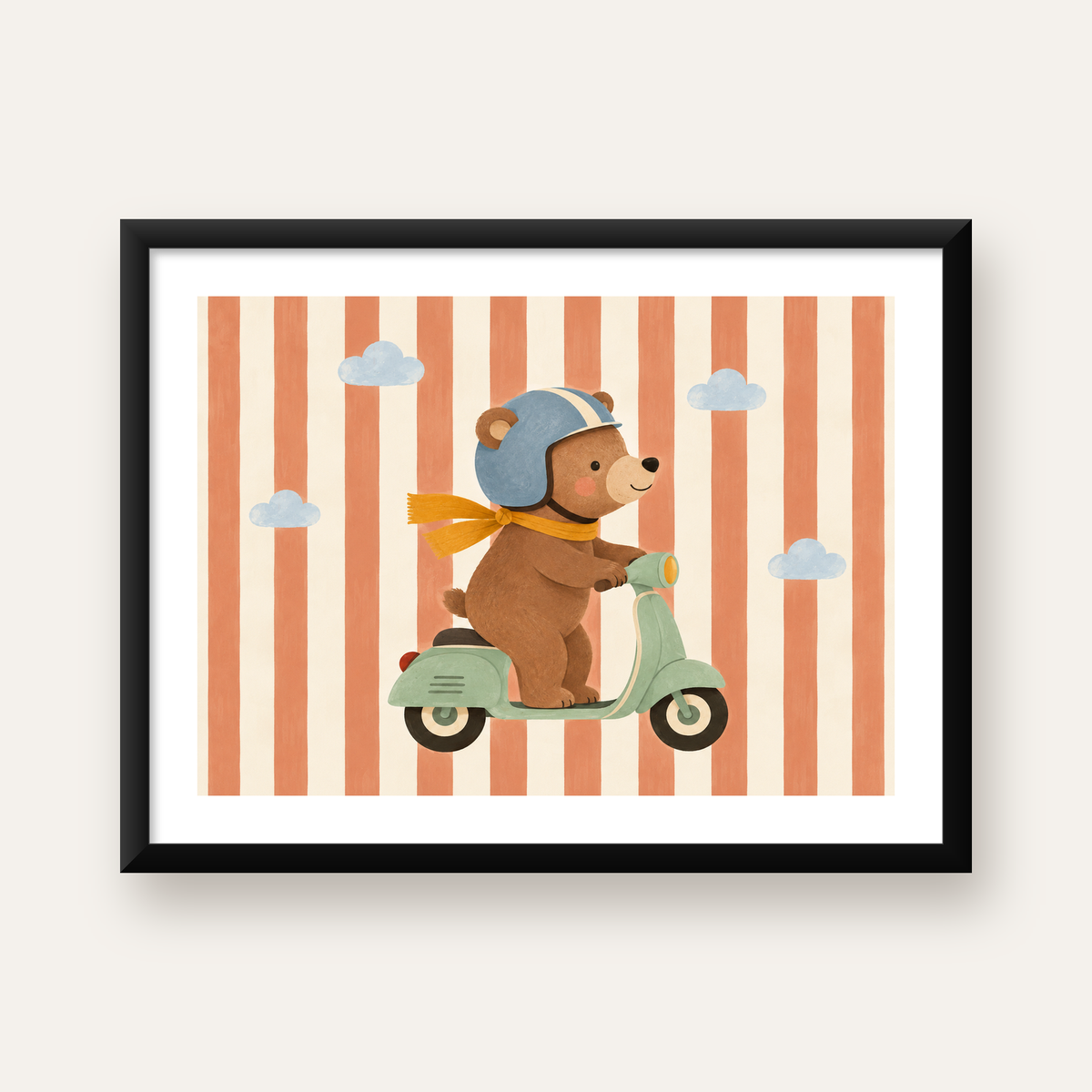 Motosikletli Sevimli Ayı İllüstrasyon Poster – Renkli Sanat Baskısı — Yatay baskı, beyaz kenar boşluklu