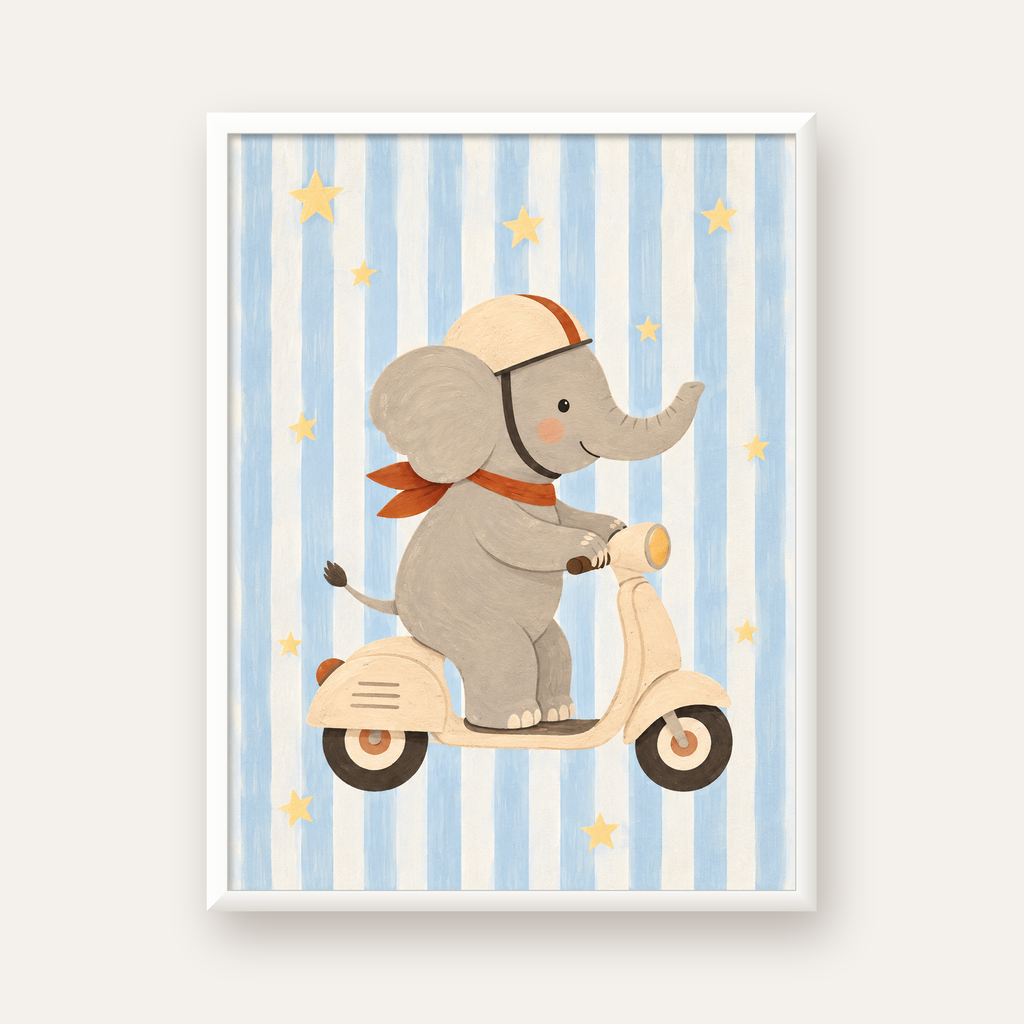 Scooterli Fil — beyaz çerçeveli dikey poster
