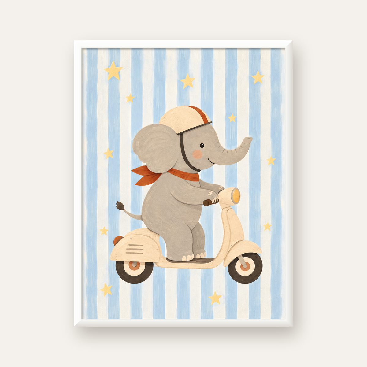 Scooterli Fil — beyaz çerçeveli dikey poster