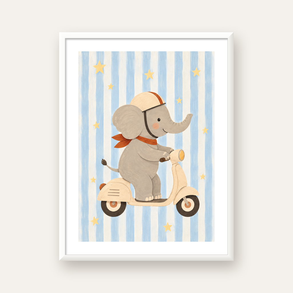 Scooterli Fil — beyaz çerçeveli dikey poster