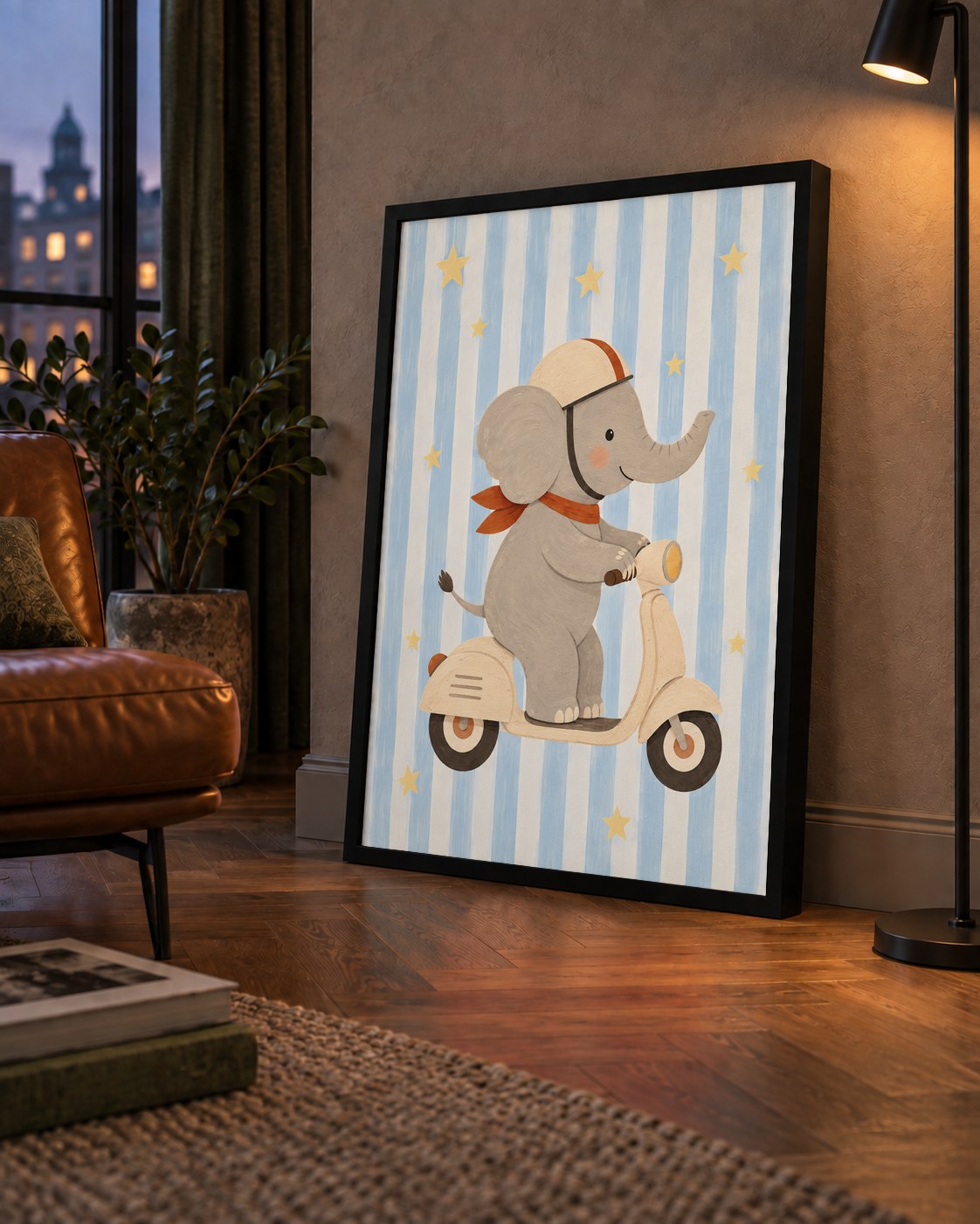 Scooterli Fil — çerçeveli hâliyle bir ev duvarında