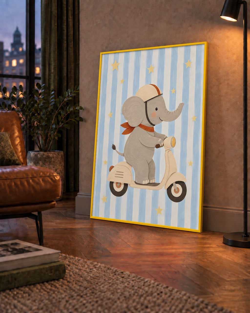 Scooterli Fil — çerçeveli hâliyle bir ev duvarında