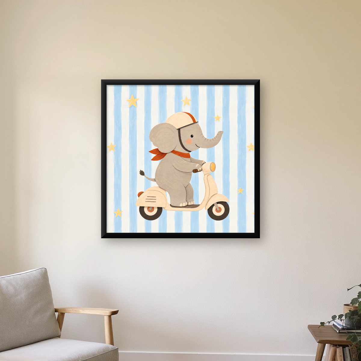 Motorlu Fil Çizimi Poster – Çocuk Odası İçin Renkli Sanat — Kare baskı, çerçeveli hâliyle bir ev duvarında