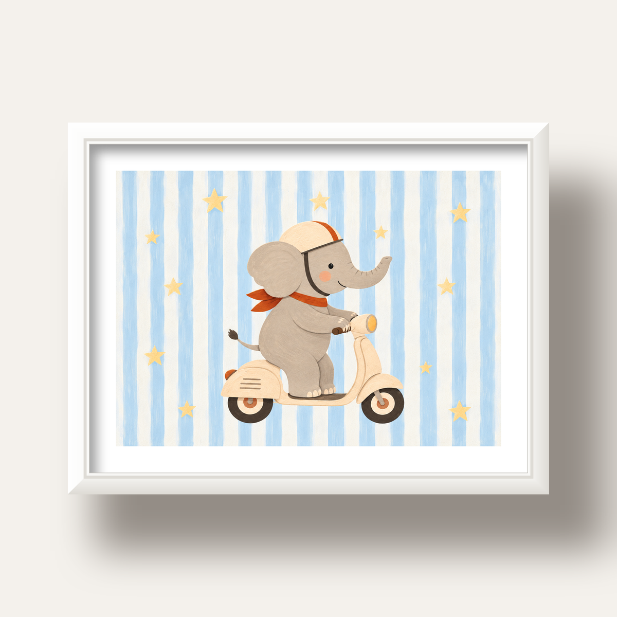 Scooterli Fil — beyaz derin çerçeveli paspartulu