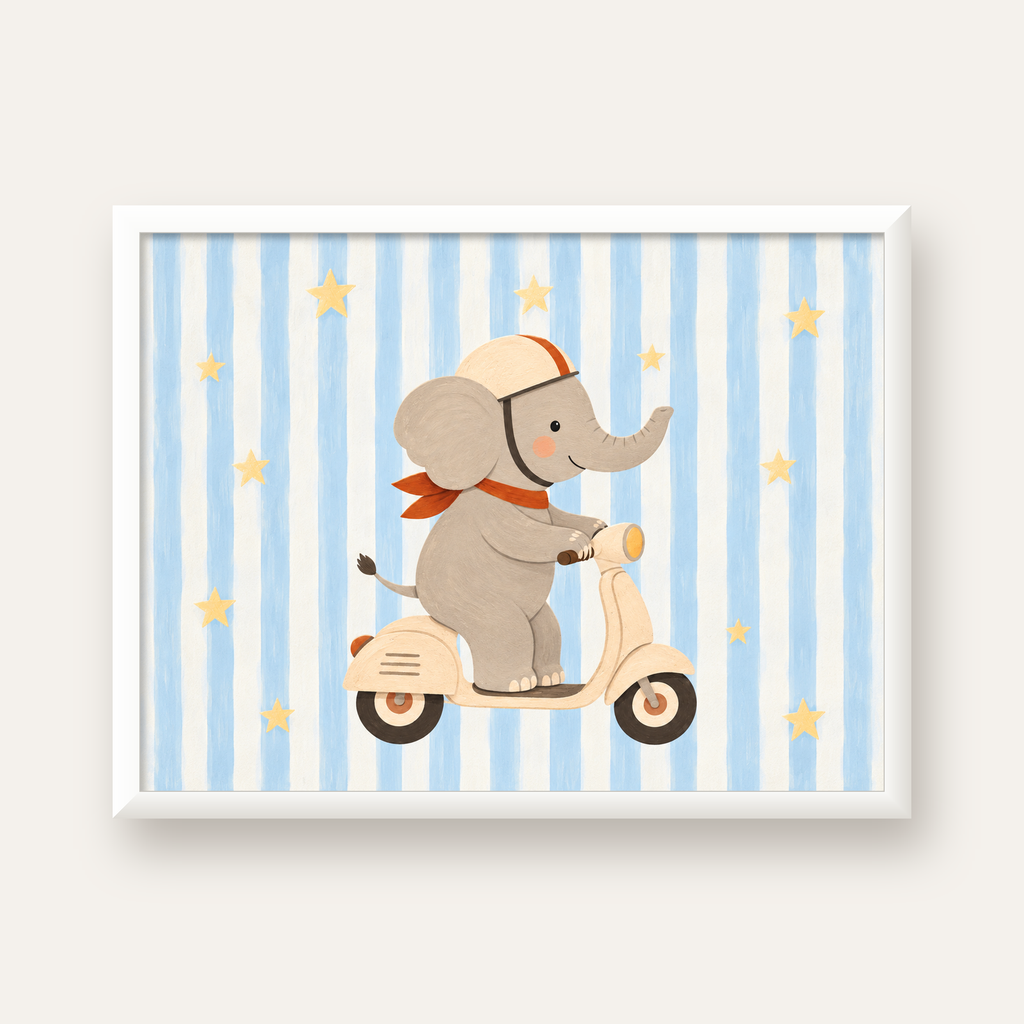 Scooterli Fil — beyaz çerçeveli yatay poster