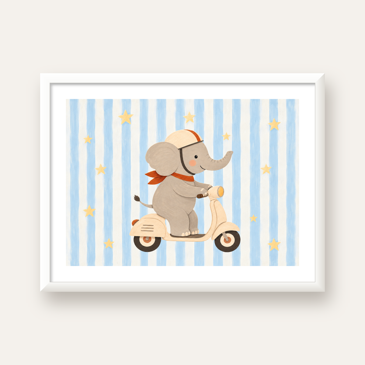 Scooterli Fil — beyaz çerçeveli yatay poster