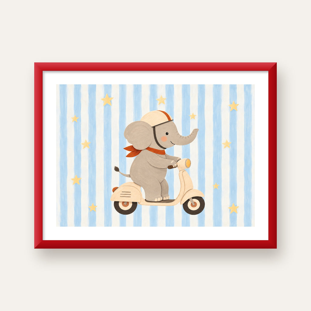 Scooterli Fil — kırmızı çerçeveli paspartulu
