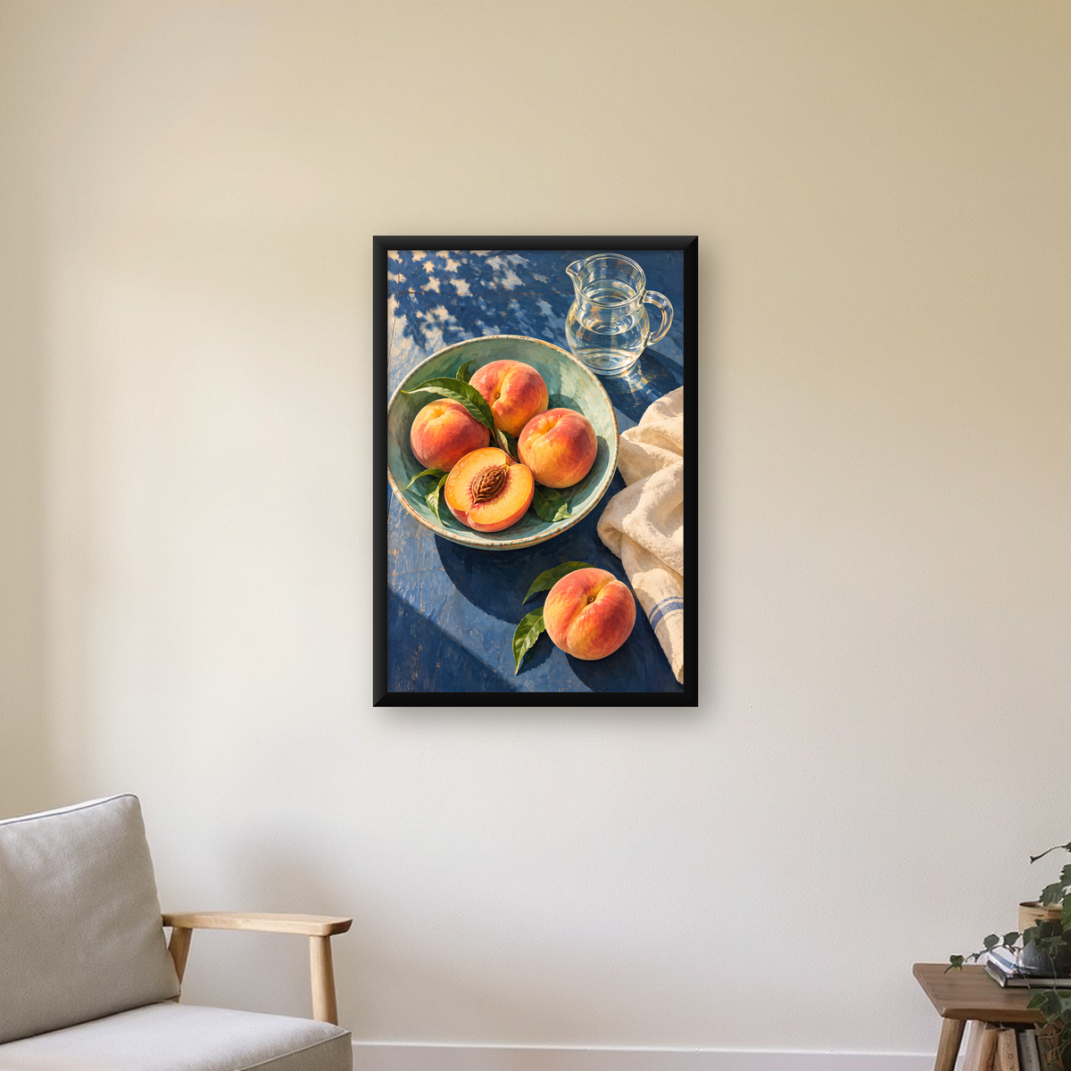 Şeftalili Natürmort Poster – Yağlı Boya Yaz Esintisi — çerçeveli hâliyle bir ev duvarında